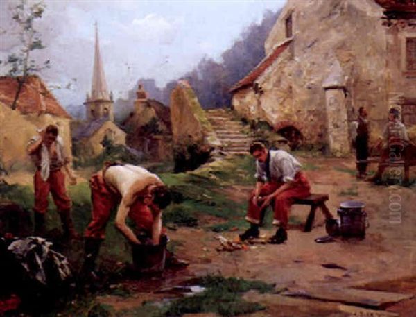 Soldaten Bei Der Morgendlihen Wasche In Einem Malerischen Kirchdorf Oil Painting by Alexandre Bloch