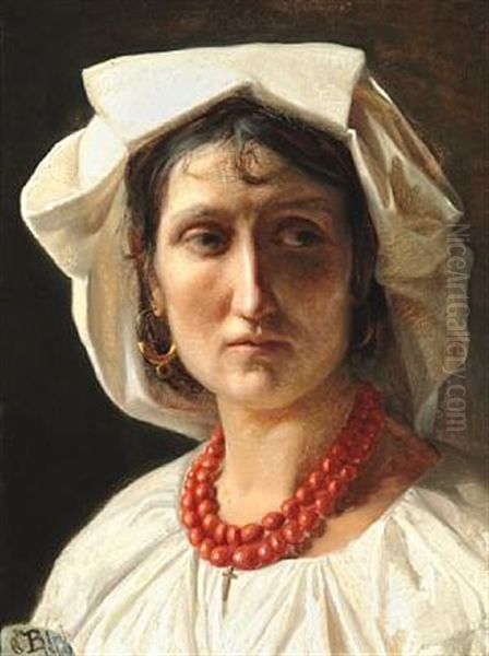 Portrait Of A Young Italian Woman With White Bonnet And Coral Necklace With A Cross Oil Painting by Carl Heinrich Bloch