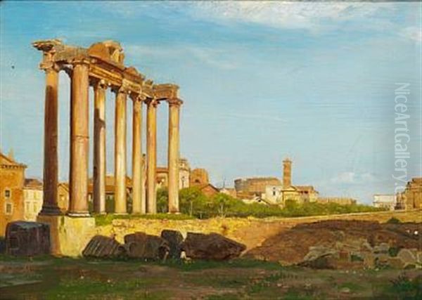 View Of The Forum Romanum In Rome. To The Left In The Foreground The Temple Of Saturn. In The Background The Colosseum, The Campanile Of The Basilica Di Francesca Romana And The Arch Of Titus Oil Painting by Carl Heinrich Bloch