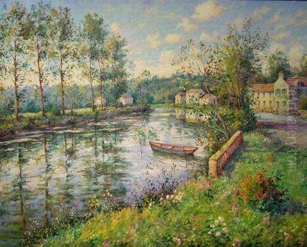 Bord De Seine A Samois Oil Painting by Jean-Francois Albanis De Beaumont