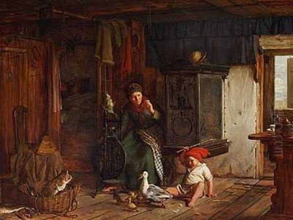 Scene I En Fiskerstue. En Dreng Der Slaar Ud Efter En And. Fa'er Skal Sove Oil Painting by Carl Heinrich Bloch