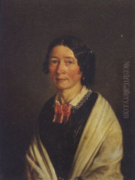 Caroline Mathilde Stromback I Sort Kjole, Hvid Krave, Rod Halsslojfe Og Hvidt Sjal Oil Painting by Carl Heinrich Bloch