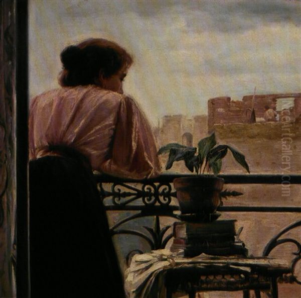 Alene. Kunstnerens Hustru Betragter Byen Fra En Balkon (paris?) Oil Painting by Paul Trepka Bloch