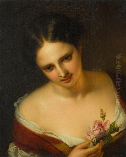 A Young Woman Holding A Rose Oil Painting by Eugene Francois De Block