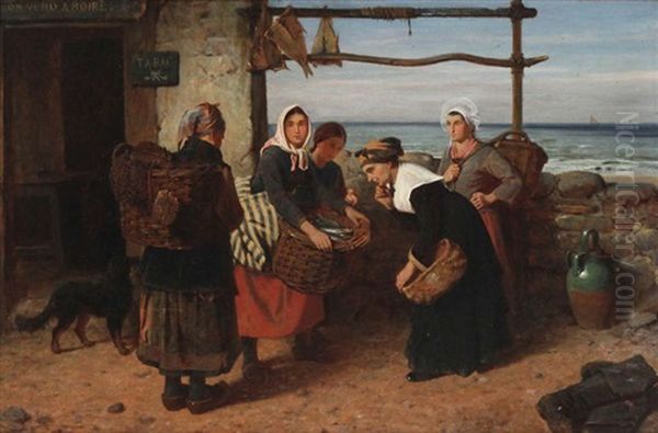 Breton Coastal View With Fish Merchants Oil Painting by Eugene Francois De Block