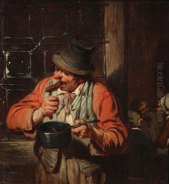 Le Mangeur De Saucisses Devant L'auberge Oil Painting by Eugene Francois De Block