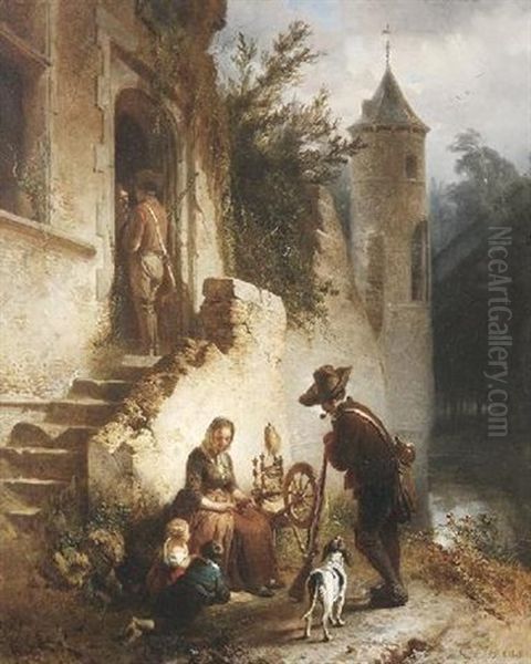 Genreszene Vor Einem Alten Wasserschloschen Oil Painting by Eugene Francois De Block