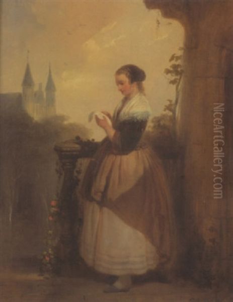 Die Briefleserin (junge Frau In Belgischer Tracht Vor Dem Haus Stehend Und In Einem Brief Vertieft) Oil Painting by Eugene Francois De Block