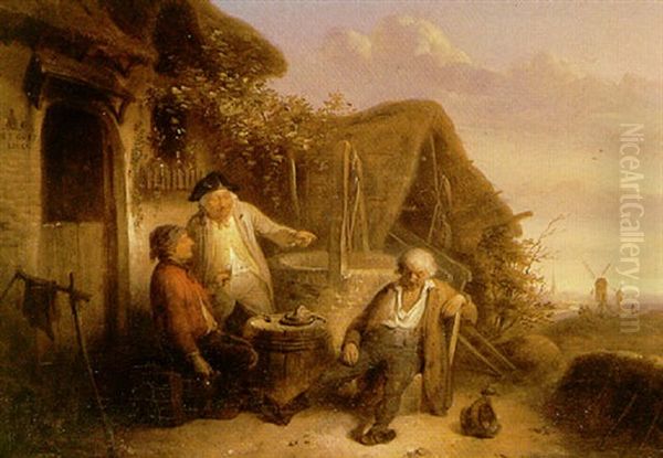 Personnages Devant Une Chaumiere Oil Painting by Eugene Francois De Block