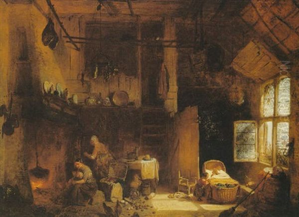 A Cottage Interior Oil Painting by Eugene Francois De Block