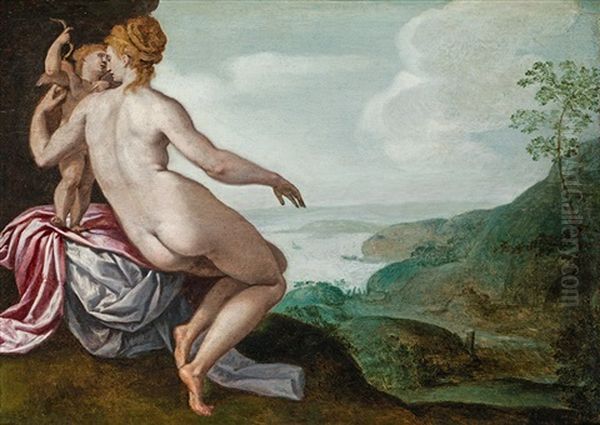 Venus And Cupid In A Vast Landscape Oil Painting by Anthonie van (Montfort) Blocklandt