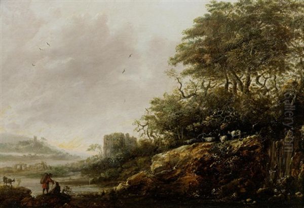 A River Landscape With Shepherds Resting Oil Painting by Abraham Bloemaert