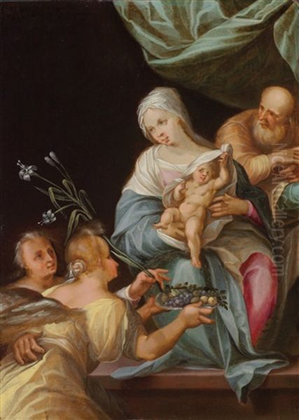 The Holy Family With Saint Dorothy (?) And An Angel Oil Painting by Abraham Bloemaert