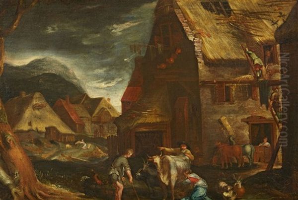 A Village Scene Oil Painting by Abraham Bloemaert