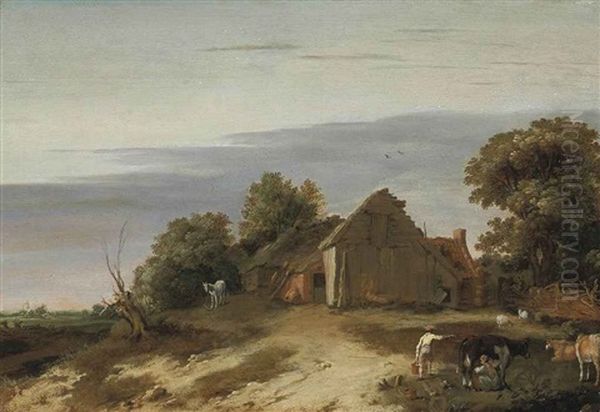 A Pastoral Landscape With Figures Milking Cows In A Farmhouse Yard, A Church Beyond Oil Painting by Abraham Bloemaert