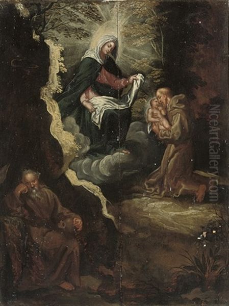 A Hermit's Vision Of The Virgin And A Franciscan Monk Oil Painting by Abraham Bloemaert