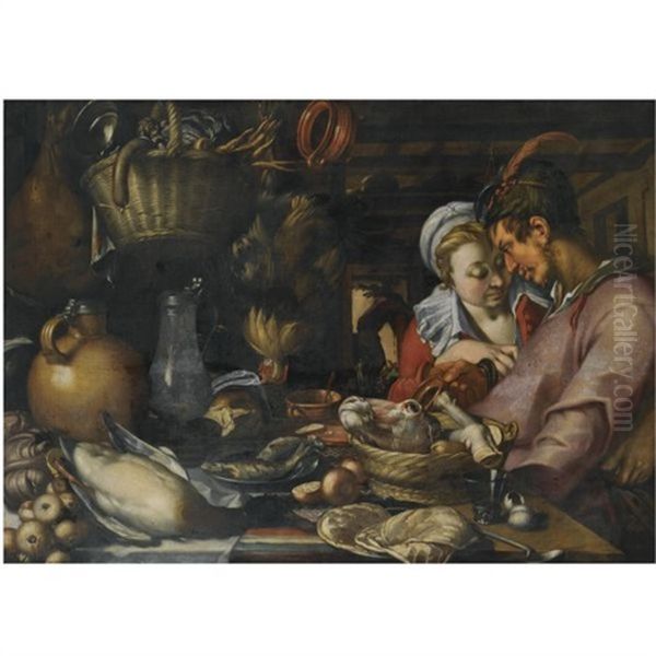 An Elaborate Kitchen Still Life With A Couple Standing Beside A Table With A Basket With An Ox Head And Feet, Fish On A Pewter Plate, A Duck, Earthenware And Pewter Jugs, A Basket With Vegetables, A C by Abraham Bloemaert