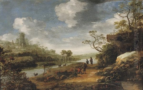 A Rocky River Landscape With Travellers On A Path, A Ruined Fortress Beyond Oil Painting by Abraham Bloemaert