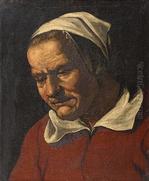 A Woman, Bust Length, In Red With A White Bonnet And Lace Collar, Looking Up (+ A Woman, Bust Length, In Red With A White Bonnet And Lace Collar, Looking Down; Pair) Oil Painting by Abraham Bloemaert