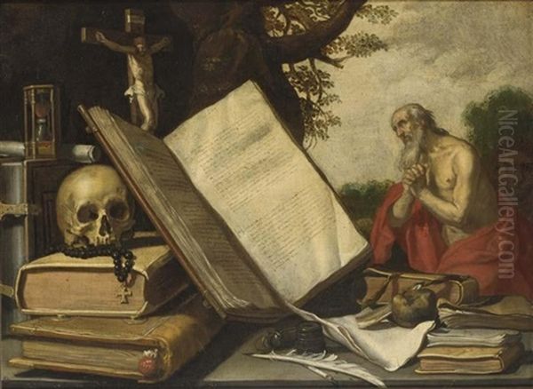 A Vanitas Still Life With Different Books, A Skull, A Crucifix And An Hour-glass, St. Jerome In The Background Oil Painting by Abraham Bloemaert