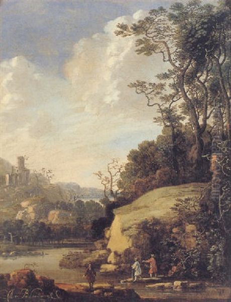 Hilly Landscape With Figures By A River, A Castle In The Distance Oil Painting by Abraham Bloemaert