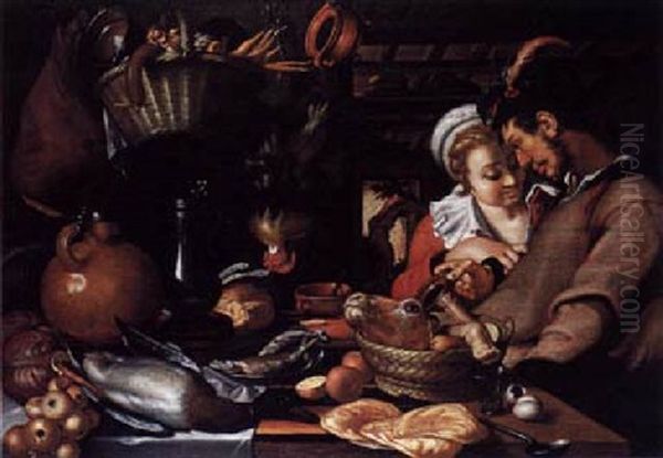 A Kitchen Interior With A Man And A Woman Standing Next To A Table With A Duck, Eggs, Fish, Bread, Pancakes And Jugs Oil Painting by Abraham Bloemaert