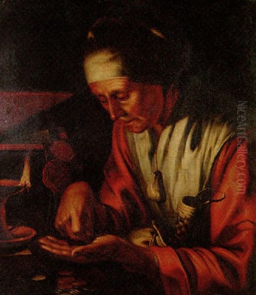 Greed: An Old Woman Counting Coins In An Interior By Candlelight Oil Painting by Abraham Bloemaert