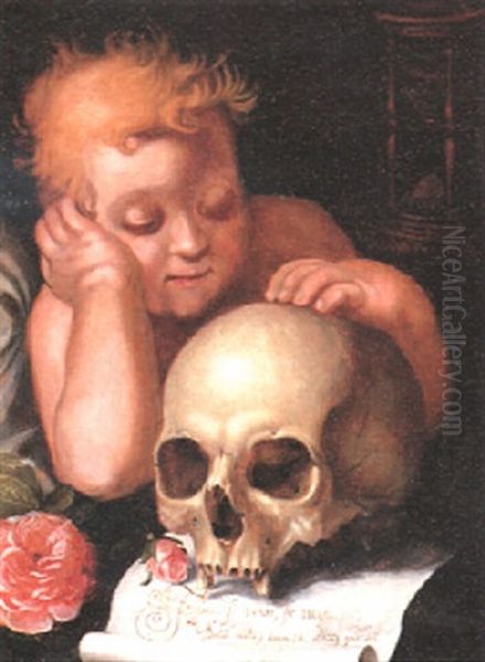 Vanitas With A Young Child Gazing At A Skull Oil Painting by Abraham Bloemaert