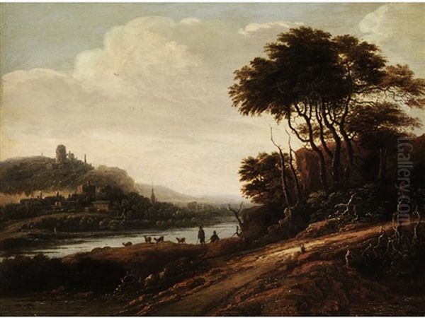 Landschaft Mit Waldrand Am Fluss Und Stadt Mit Burgberg Am Gegenuberliegenden Ufer Oil Painting by Adrien Bloemaert