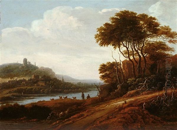 Flusslandschaft Mit Hochgelegener Burg Und Ziegenhirten Oil Painting by Adrien Bloemaert