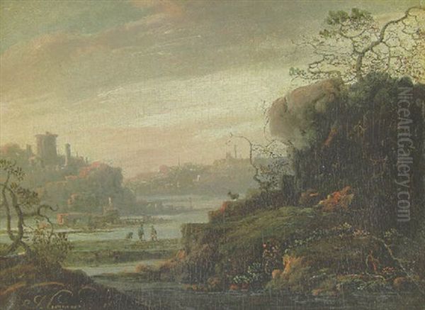 An Extensive River Landscape, A Town On A Hill Beyond Oil Painting by Adrien Bloemaert