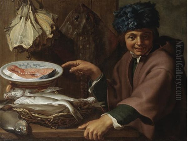 A Boy In A Feathered Hat Selling Fish Oil Painting by Hendrick Bloemaert