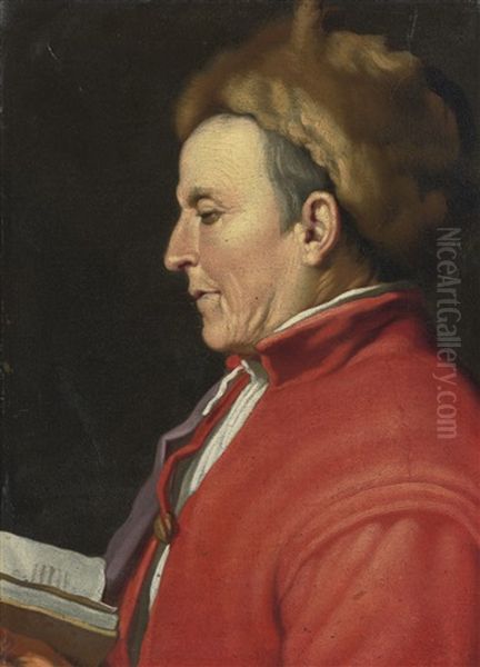 Profile Of A Man In A Fur Hat, Reading Oil Painting by Hendrick Bloemaert