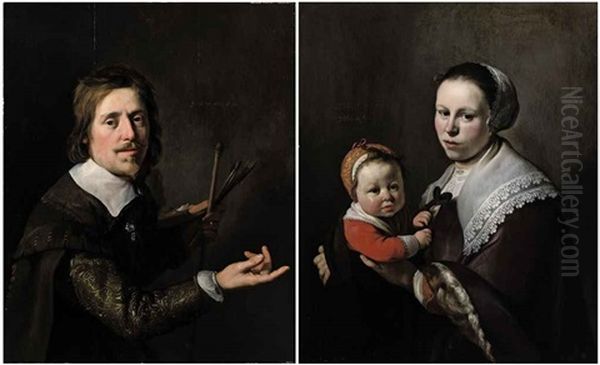 Portrait Of Gijsbert Gillisz. De Hondecoutre Holding A Palette And Brushes (+ Portrait Of His Wife Maria Hulstman Holding A Child; Pair) by Hendrick Bloemaert