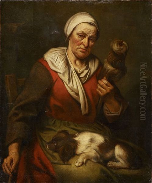 Sitzende Altere Frau Mit Einem Spinnrocken Und Einem Hundchen Oil Painting by Hendrick Bloemaert