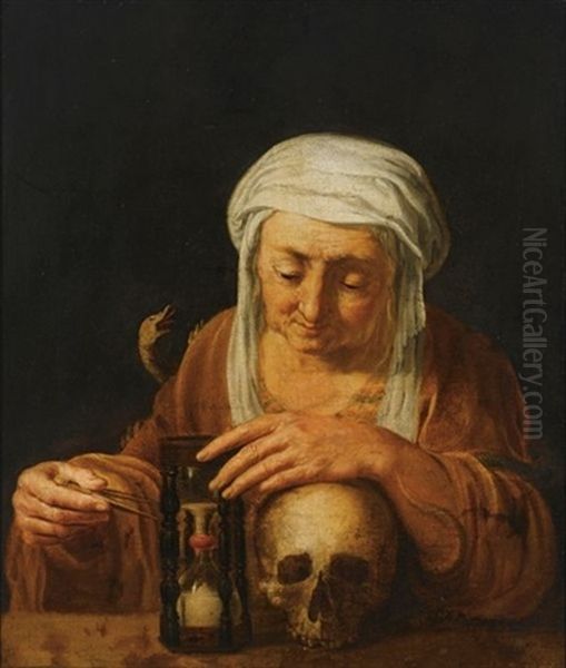 An Old Woman With Vanitas-symbols, An Hourglass, A Skull And A Snake Oil Painting by Hendrick Bloemaert