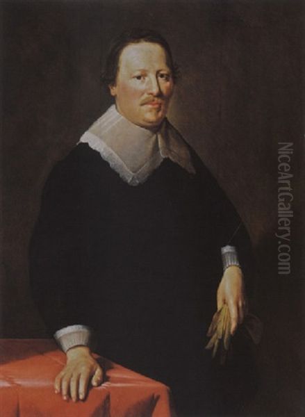 A Portrait Of A Gentleman, Aged 47, Wearing A Black Costume With White Lace Cuffs And Collar, Holding Gloves In His Left Hand Oil Painting by Hendrick Bloemaert