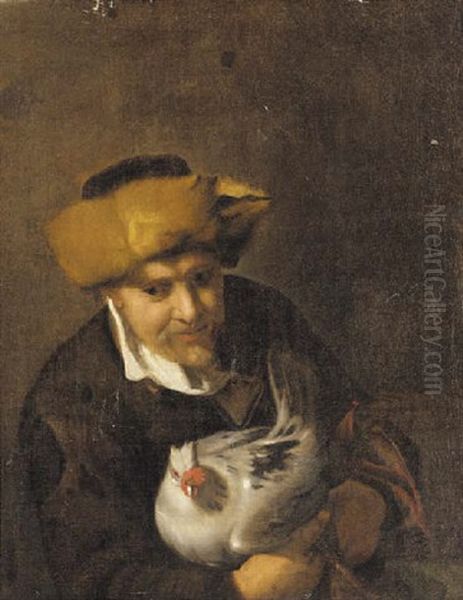 An Old Man, Half Length, In A Fur Hat, Holding A Chicken Oil Painting by Hendrick Bloemaert