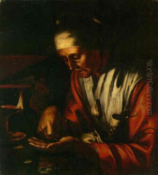 A Moneylender Counting Money By Candlelight Oil Painting by Hendrick Bloemaert