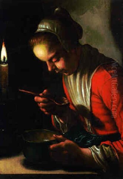 A Peasant Girl Eating By Candlelight by Hendrick Bloemaert