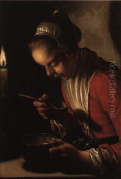 A Peasant Girl Eating By Candlelight Oil Painting by Hendrick Bloemaert