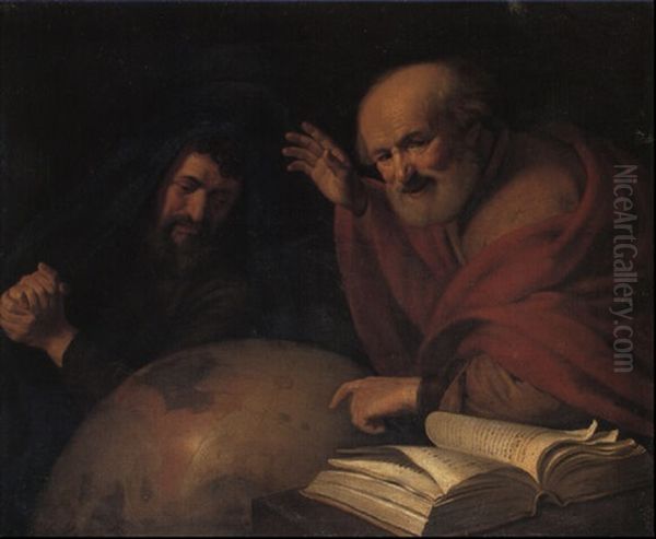 Democrites And Heraclitus, The Latter Pointing At South America On A Globe Oil Painting by Hendrick Bloemaert