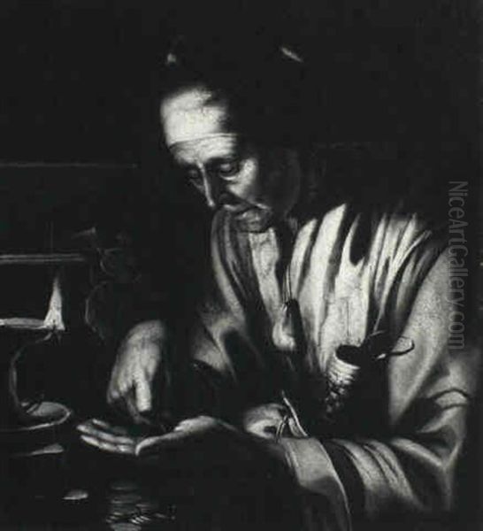 Portrait Of An Old Woman Counting Coins By Candlelight Oil Painting by Hendrick Bloemaert