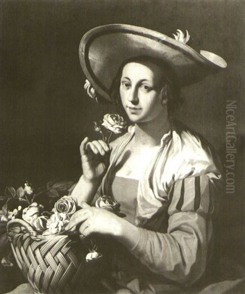 A Young Woman Lifting Up A Rose, A Basket Of Flowers On Her Lap Oil Painting by Hendrick Bloemaert