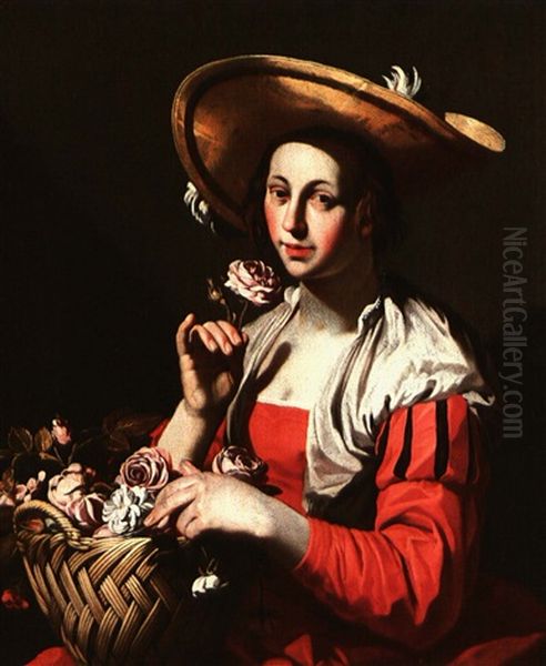 A Young Woman Lifting Up A Rose A Basket Of Flowers On Her  Lap Oil Painting by Hendrick Bloemaert