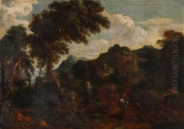 Italienische Landschaft Mit Antiken Ruinen Und Reisenden Vor Einer Stadtkulisse Oil Painting by Jan Frans van Bloemen