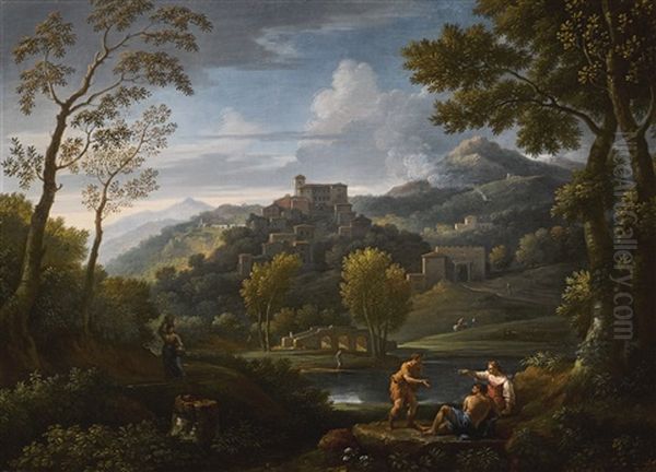 An Italianate Landscape With Figures In The Foreground, A Hilltop Town Beyond Oil Painting by Jan Frans van Bloemen