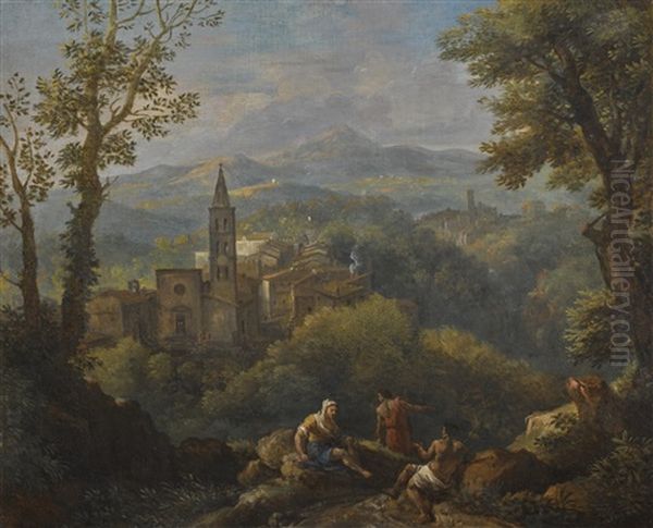 Italianate Landscape With Three Figures In The Foreground, Hilltop Villages And A Church Beyond Oil Painting by Jan Frans van Bloemen