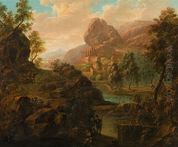 Southern River Landscape With Antique Ruins Oil Painting by Jan Frans van Bloemen