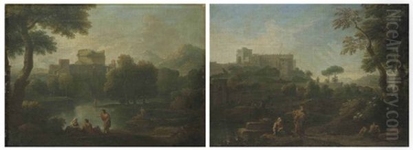 A Classical Landscape With The Tomb Of Cecilia Metella, Figures Conversing On The Bank Of A River, And Mountains Beyond (+ A Classical Landscape With A Capriccio Of The Vatican Belvedere, Figures Conversing In The Foreground (pair) Oil Painting by Jan Frans van Bloemen